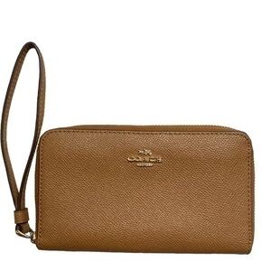 Coach brown grained leather wristlet wallet